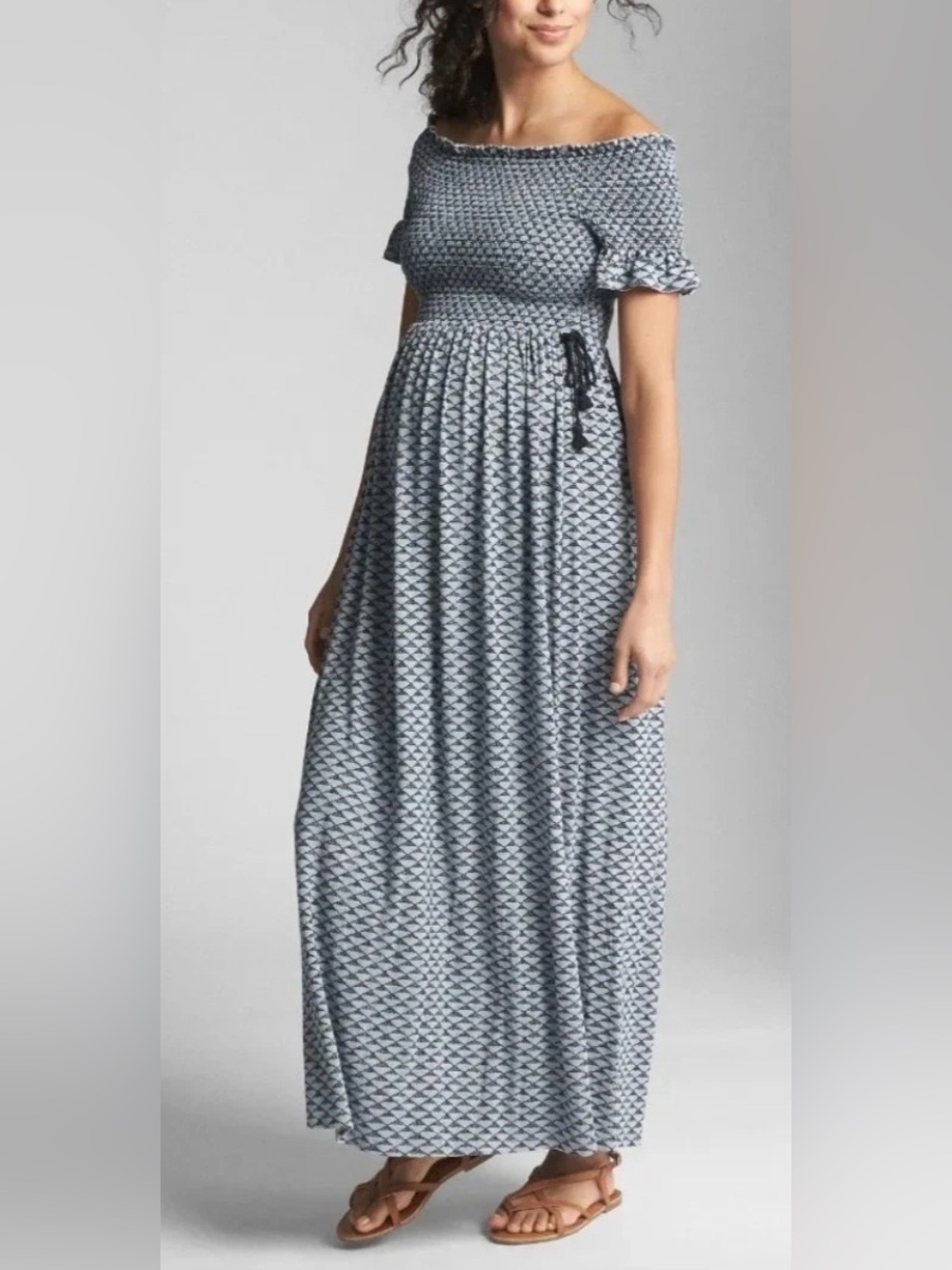 Gap Maternity Dress Smocked Size Small Off The Shoulder Maxi Tassels